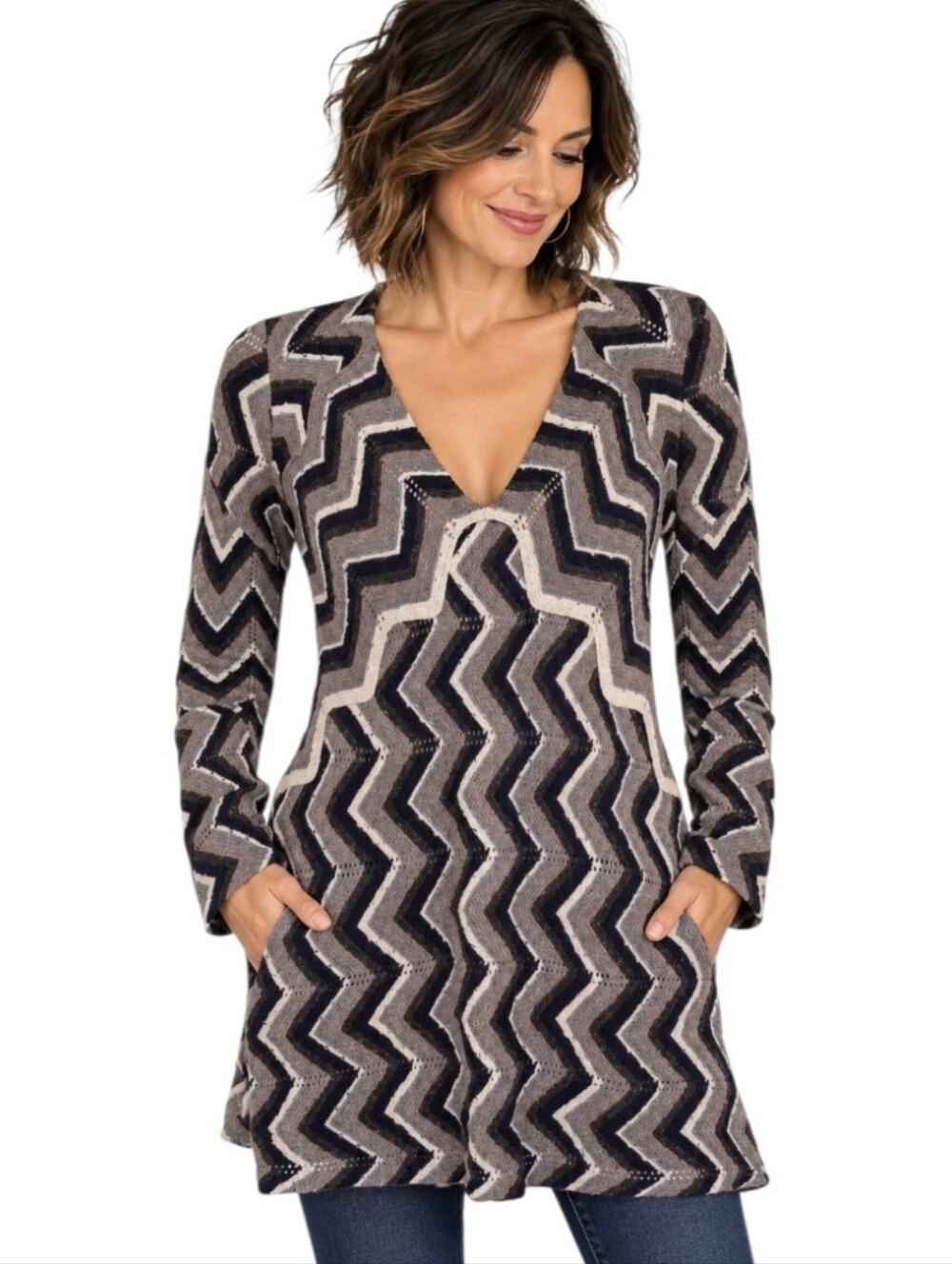 Free People Geometric Zigzag Knit Wool Blend Sweater Pockets XS